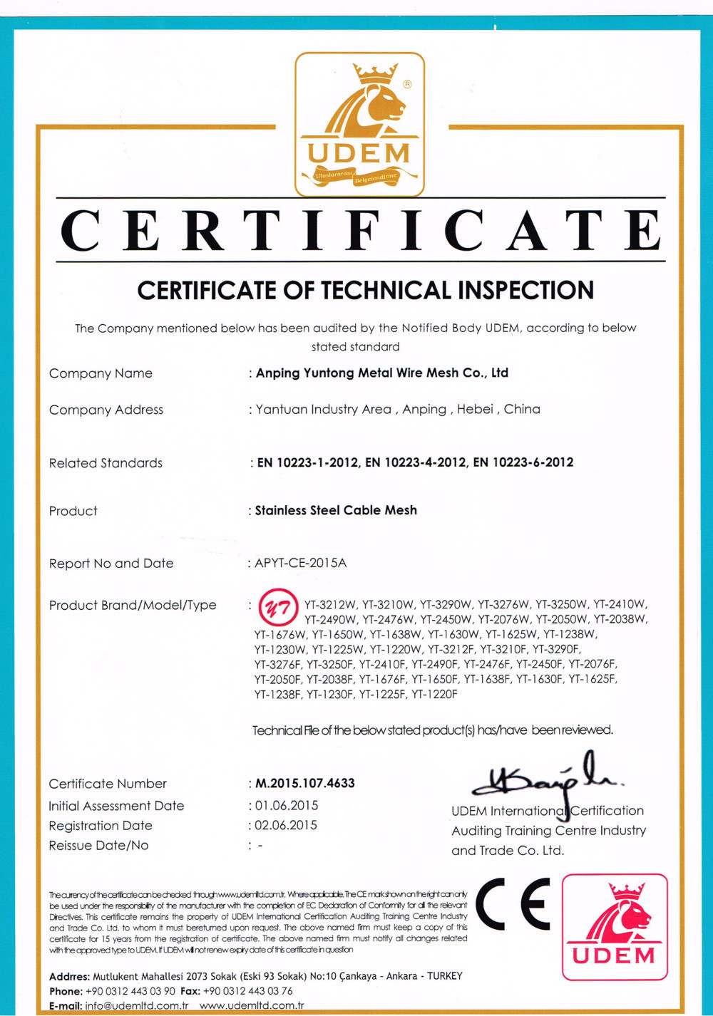Chine Anping Yuntong Metal Mesh Co., Ltd. Certifications